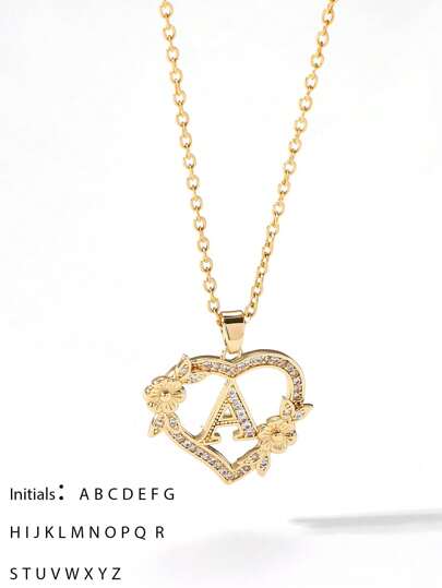 1 件心形花卉字母项链个性化心形花卉 26 个字母吊坠项链适合女孩的生日