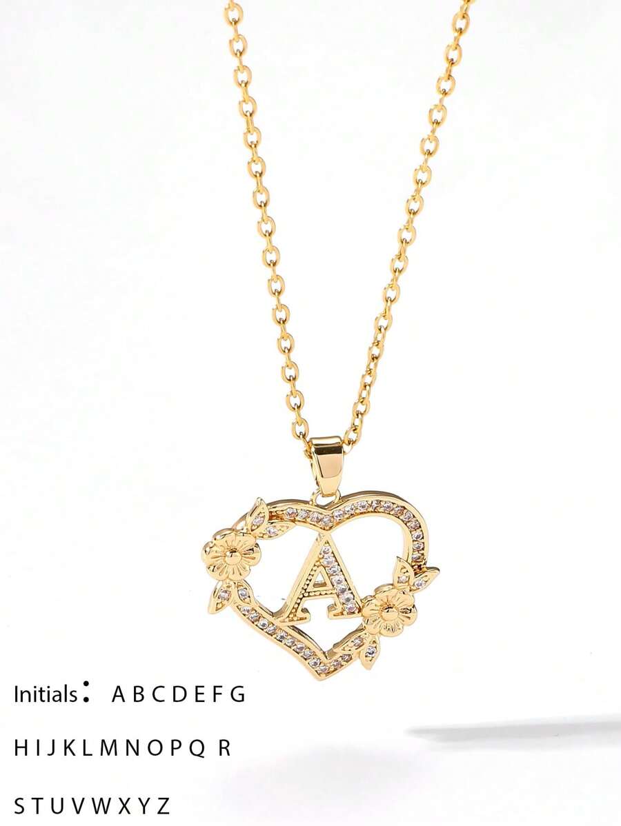 1 件心形花卉字母项链个性化心形花卉 26 个字母吊坠项链适合女孩的生日 - 金色 - 查看 1
