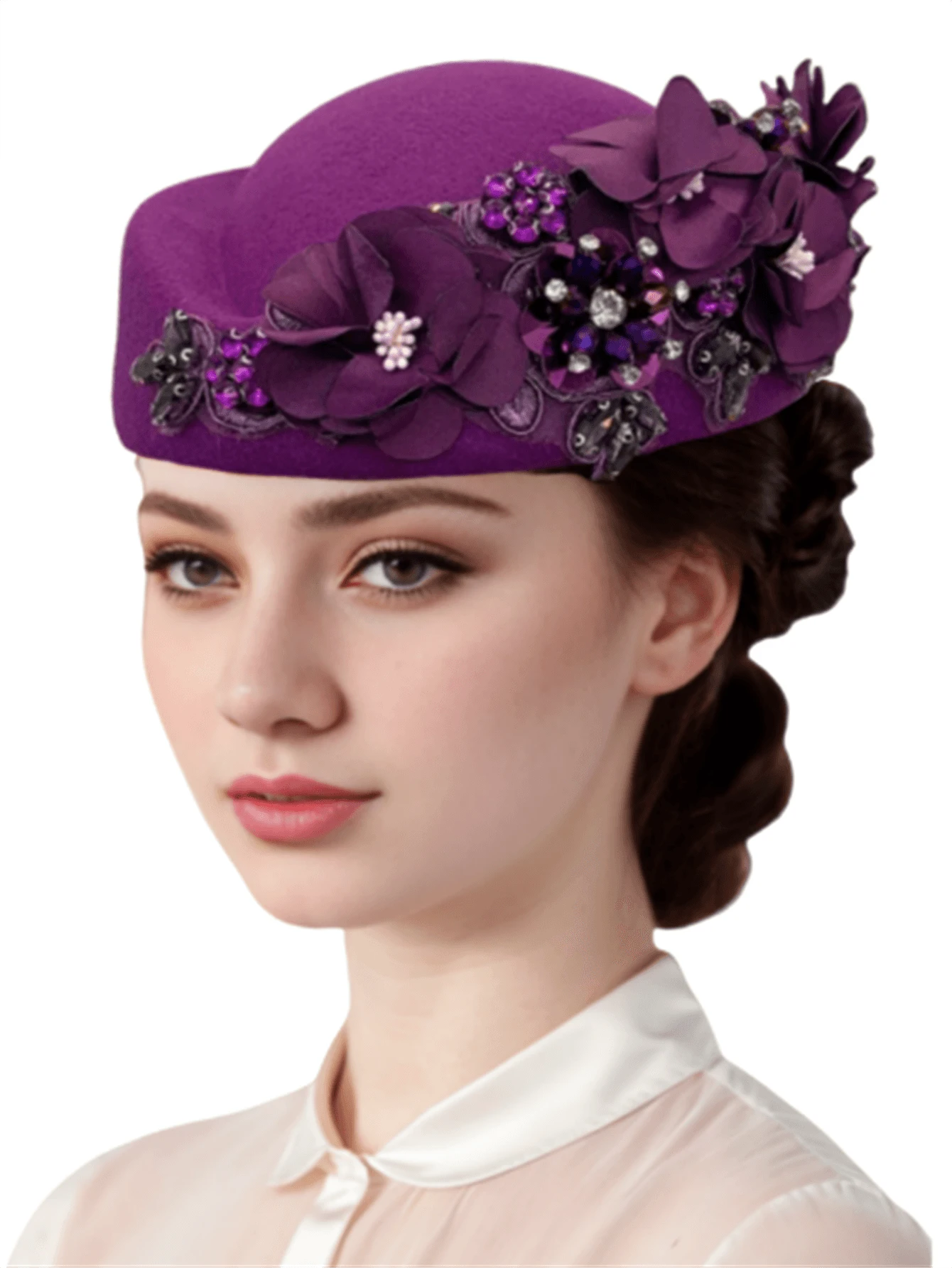 1Pc Felt Turban Hat Pillbox Hats For Women Derby Hat Fascinator Hats With Flower Embellished Elegant Ladies Tea Party Hats Vintage Beret Hat Decorated With Rhinestone Fashion Fedoras Cap For Cosplay Costume Accessories For Wedding Party Women Ladies Gift 2024 New Style. - Multicolor - View 16