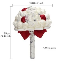 新娘婚礼奢华蝴蝶花束，闪亮银水晶缎带玫瑰，勃艮第奶油色面料永生花花束 W2216-Z