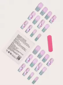 粉綠色清新花卉中型款芭蕾舞美甲贴片24入組+1入果凍膠+1入指甲修整梳，可按壓式美甲貼片美甲工具 - 彩色 - 查看 2