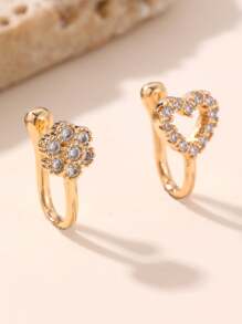 NAIZHU 1 Pair Unique Asymmetric Rhinestone Decor Heart Flower Moon Crown Non-Piercing U-Shaped Nose Clip
