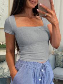Vaiaye Women's Solid Color Knit Square Neck Sexy Slim Fit Y2K Short Sleeve T-Shirt, Spring/Summer Activewear Top, Suitable For Valentine's Day - Gray - View 8