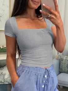 Vaiaye Women's Summer Solid Knitted Square Neck Sexy Slim Fit Y2K Cropped Waist T-Shirt