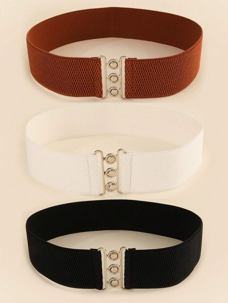 3件套金属扣弹力腰带，女士连衣裙束腰带，夏季、秋季、万圣节适用 - 多色(黑駝白) - 查看 1