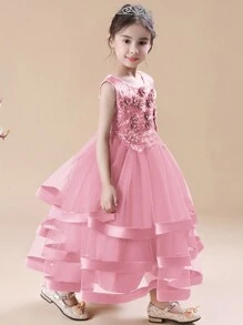 Vestido de princesa sin mangas hecho a mano con cuentas para niñas, vestido de gala formal con parches de satén y encaje, vestido de noche para bodas y actuaciones - Rosa - Ver 7