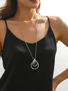 1 件复古金属不对称吊坠长项链，优雅时尚配饰，适合女性搭配毛衣，适合晚会、宴会、日常和通勤 - 三圈吊飾銀色 - 查看 2