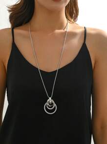 1 件复古金属不对称吊坠长项链，优雅时尚配饰，适合女性搭配毛衣，适合晚会、宴会、日常和通勤 - 三圈吊飾銀色 - 查看 3