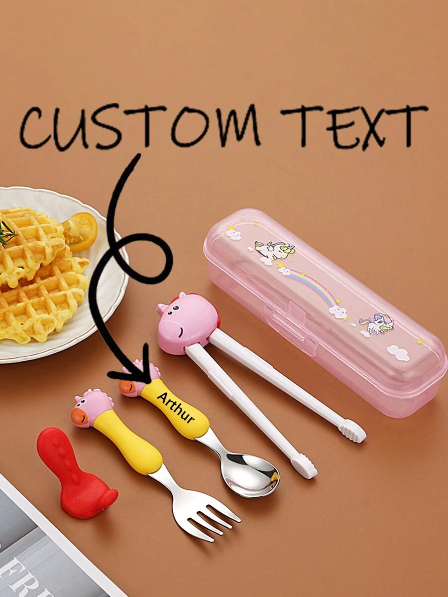 Conjunto personalizado de cuchara, tenedor y palillos de entrenamiento de acero inoxidable, ideas de regalo para regreso a la escuela, invierno, San Valentín para niño o niña