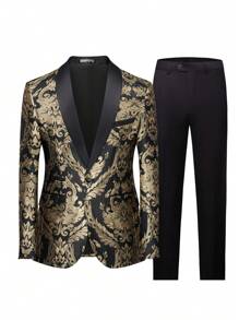 Traje de esmoquin para hombre - Conjunto de 2 piezas de ajuste regular que comprende chaqueta blazer con estampado floral, chaleco y pantalones para bodas y bailes de graduación (Dorado+Negro) - Negro - Ver 1