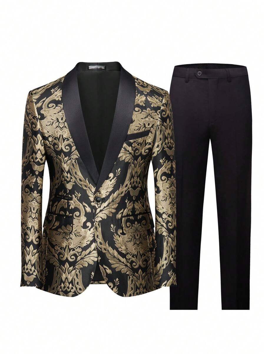 Traje de esmoquin para hombre - Conjunto de 2 piezas de ajuste regular que comprende chaqueta blazer con estampado floral, chaleco y pantalones para bodas y bailes de graduación (Dorado+Negro) - Negro - Ver 1