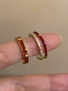 2pcs Anka Retro Double Layer Hollow Star Ring, Open Band Finger Ring, Personalized For Daily Commute - Red - View 4