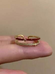 2pcs Anka Retro Double Layer Hollow Star Ring, Open Band Finger Ring, Personalized For Daily Commute - Red - View 5