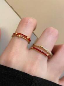 2pcs Anka Retro Double Layer Hollow Star Ring, Open Band Finger Ring, Personalized For Daily Commute - Red - View 2
