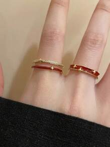 2pcs Anka Retro Double Layer Hollow Star Ring, Open Band Finger Ring, Personalized For Daily Commute - Red - View 3