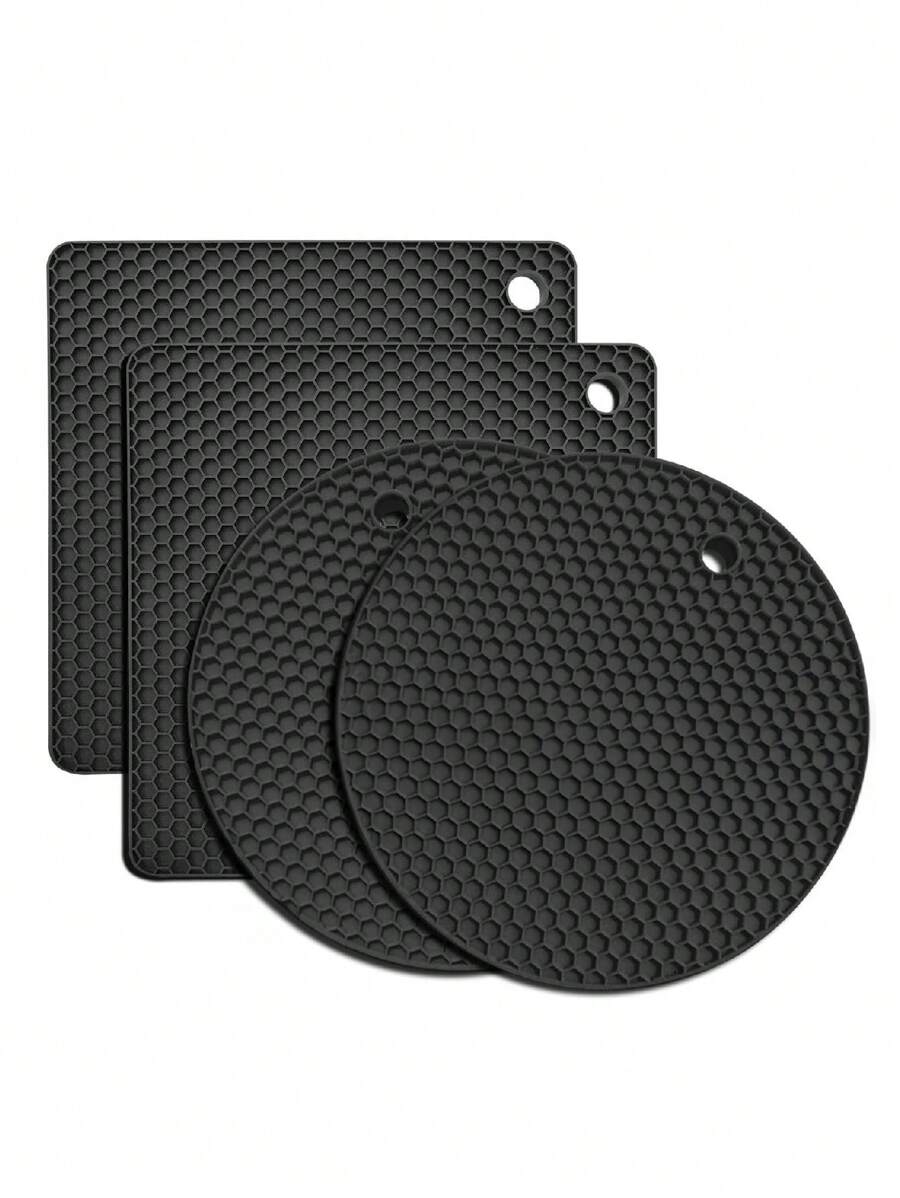 Pack Of 4, Multi-Purpose Silicone Thermal Insulation Pad, Microwave Oven Pad, Kitchen Thermal Pad, Hot Dish Thermal Insulation Pad, Placemat, Suitable For Hot Pot Pots, Bowls, Kitchen Counters, Heat Resistant - Black - View 1