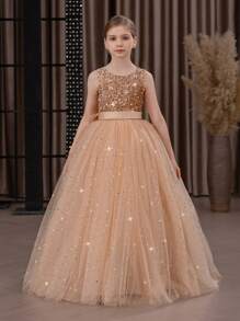 Tween Girl Sequin 3D Bow Tulle Christmas Party Gold Elegant Dress, Princess Dress Suitable For Girls Dresses Birthday Party, Teenage Prom, Flower Girl Wedding Bridesmaid Gown, Thanksgiving, Graduation - Champagne - View 4