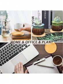 6 件装竹杯垫套装带支架，适用于咖啡桌，盆栽木质杯垫，办公桌保护，乔迁礼物，方形/圆形竹杯垫适用于花盆、饮料托盘、办公桌盆栽植物保护 - 彩色 - 查看 11