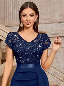 MIUSOL 优雅亮片蕾丝泡泡袖褶皱高开衩修身鸡尾酒礼服，半正式女装，适合婚礼宾客、毕业典礼、晚宴及其他场合。 - 藏蓝色 - 查看 7