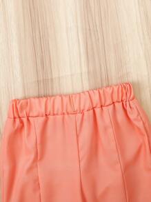 Conjunto de 2 piezas para niñas con camisa fruncida y pantalones con cintura elástica acampanados, top con estampado floral de manga corta abultada y pantalones elegantes para uso al aire libre en verano