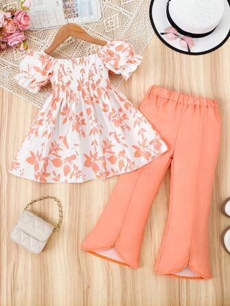 女童 2 件套褶皱衬衫和松紧腰喇叭裤套装花卉印花短款泡泡袖上衣优雅年轻女孩户外服装夏季