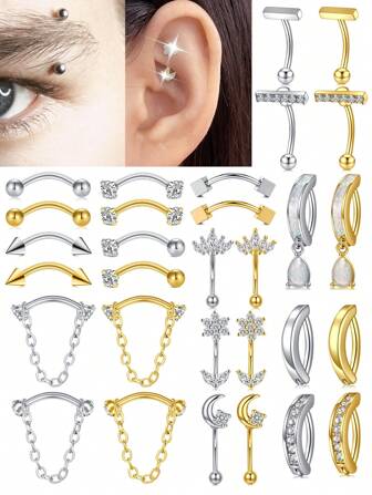CIZME 1 件 16G 车形穿孔首饰银色金色不锈钢眉毛穿孔首饰水晶心形 CZ 月亮水滴形蛋白石方晶锆石眉环眼睛车形耳环适合女士情人节、妈妈、母亲、母亲节、礼物
