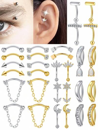 CIZME 1 件 16G 车形穿孔首饰银色金色不锈钢眉毛穿孔首饰水晶心形 CZ 月亮水滴形蛋白石方晶锆石眉环眼睛车形耳环适合女士情人节、妈妈、母亲、母亲节、礼物