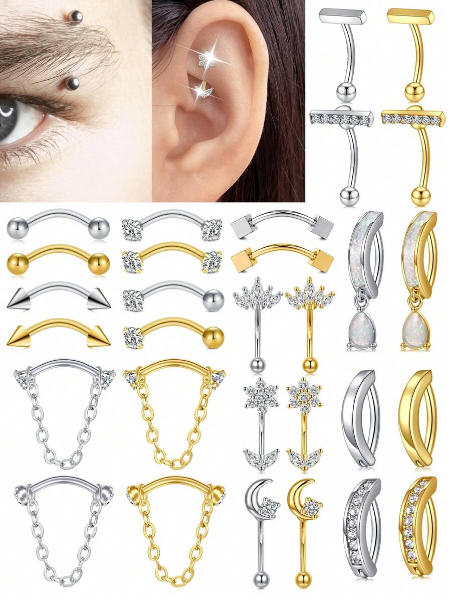 CIZME 1PC 16G Rook Piercing Jewelry Silvery Golden Stainless Steel Eyebrow Piercing Jewelry Crystal Heart CZ Moon Water-Drop Shape Opal Cubic Zirconia Eyebrow Rings Eyes Rook Earrings For Women Valentines,Mom,Mother,Mother's Day,Gift - Gold + Silver - View 1