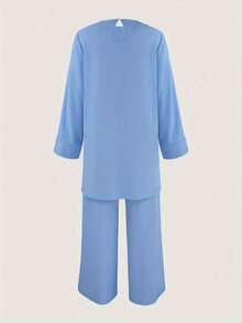 女式阿拉伯风格两件套纯色长袖上衣和长裤