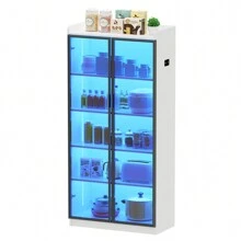 HNEBC Tall Storage Cabinet Up To 70", LED Kitchen Pantry Cabinet With Human Body Induction, 5 Tier Bookcase Display Cabinet With Adjustable Shelves For Living Room Office - 白色 - 查看 6