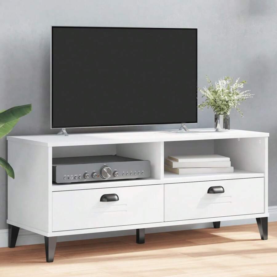 White Engineered Wood TV Cabinet Modern Storage Solution For Living Room - White - View 1