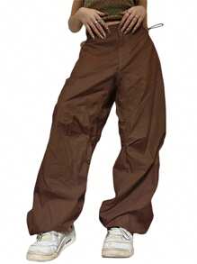 Women Solid Color Loose Trousers High Waist Casual Long Pants For Spring - Brown - View 1