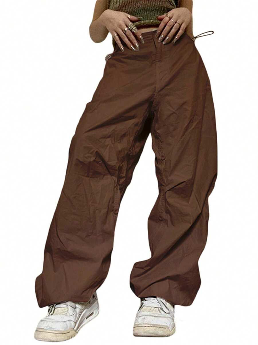 Women Solid Color Loose Trousers High Waist Casual Long Pants For Spring - Brown - View 1