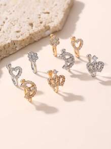 NAIZHU 1 Pair Unique Asymmetric Rhinestone Decor Heart Flower Moon Crown Non-Piercing U-Shaped Nose Clip
