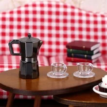 1 Set Dollhouse Miniature Mocha Pot, Metal Coffee Pot & Cups, Micro Kitchen Scene Decor (1 Pot + 2 Transparent Plates, 2 Cups)