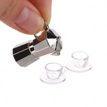 1 Set Dollhouse Miniature Mocha Pot, Metal Coffee Pot & Cups, Micro Kitchen Scene Decor (1 Pot + 2 Transparent Plates, 2 Cups)