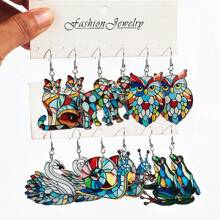 3 对/套时尚亚克力彩色玻璃风格动物猫天鹅大象吊坠耳环，适合女性日常和节日佩戴 - 彩色的 - 查看 2