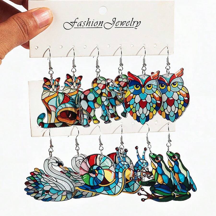 3 对/套时尚亚克力彩色玻璃风格动物猫天鹅大象吊坠耳环，适合女性日常和节日佩戴