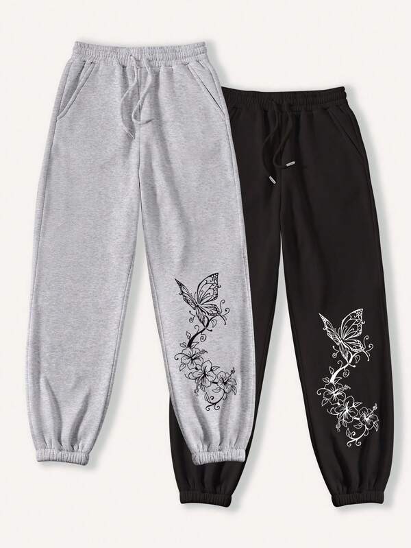 Women's Two-Piece Sports Ankle Pants Butterfly Print Plus Fleecy Sweatpants, Warm Fashion, Slim Simple Sweatpants