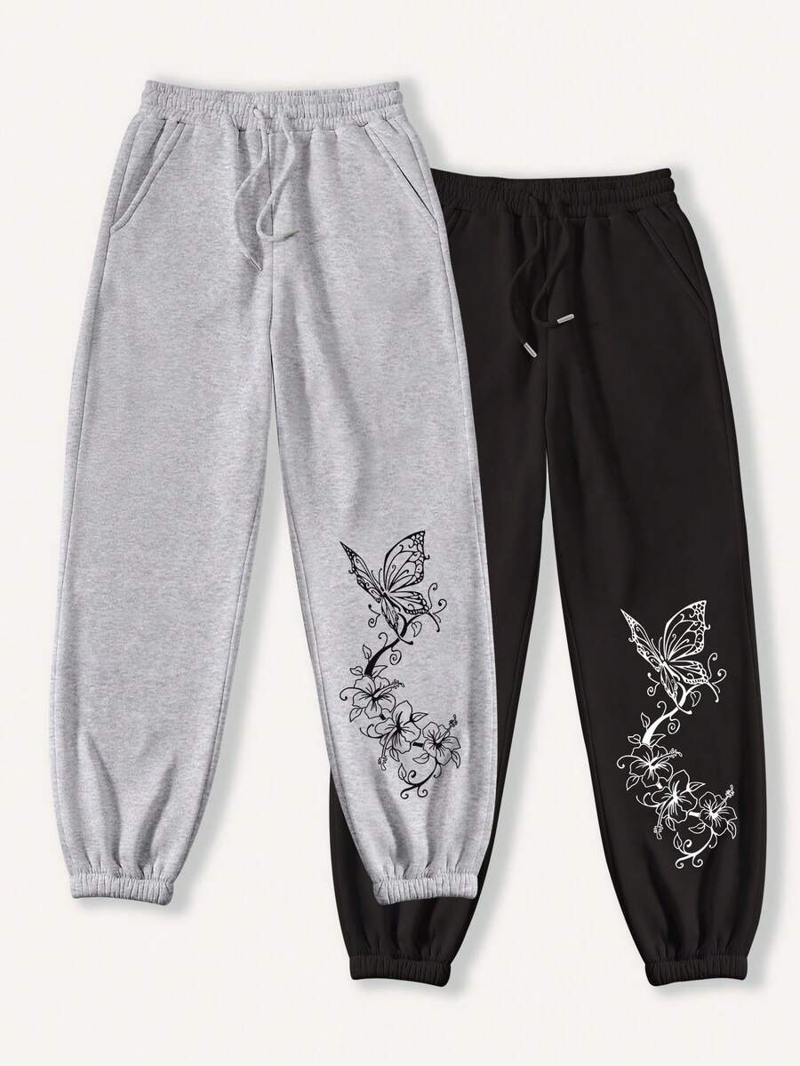 Women's Two-Piece Sports Ankle Pants Butterfly Print Plus Fleecy Sweatpants, Warm Fashion, Slim Simple Sweatpants - Multicolor - View 1