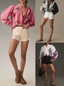 Women Long Sleeve Shirts Floral Print Ruffles Button Down Fashion Blouses Spring Loose Casual Shirt Tops - Pink - View 3