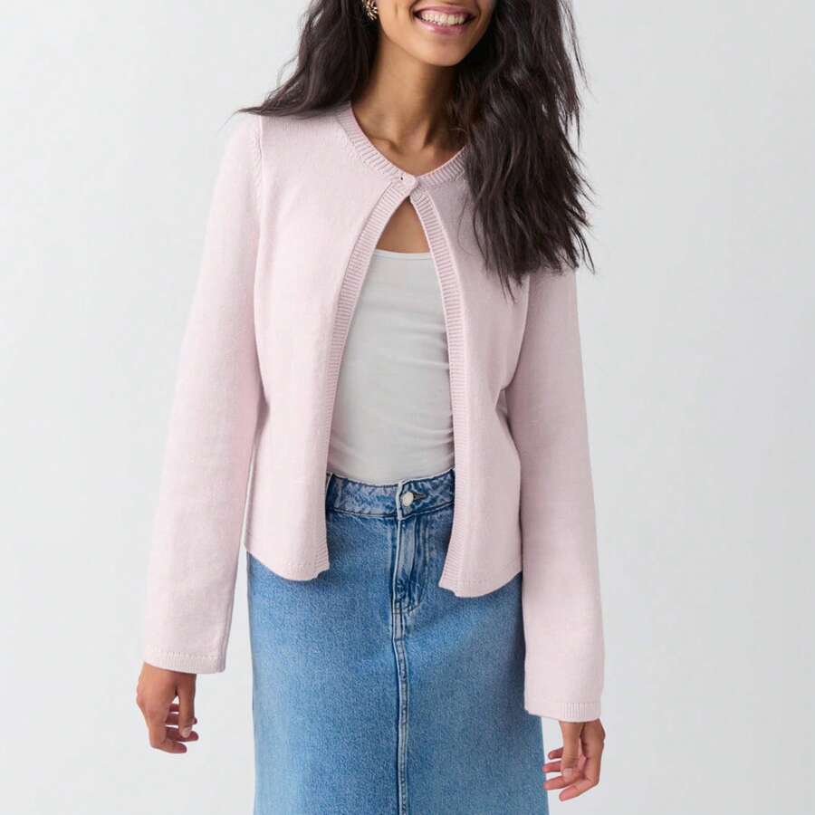 Women's Fall Knit Cardigan Solid Color Long Sleeve One Button Open Front Fitted Sweater - Hồng - Xem 1