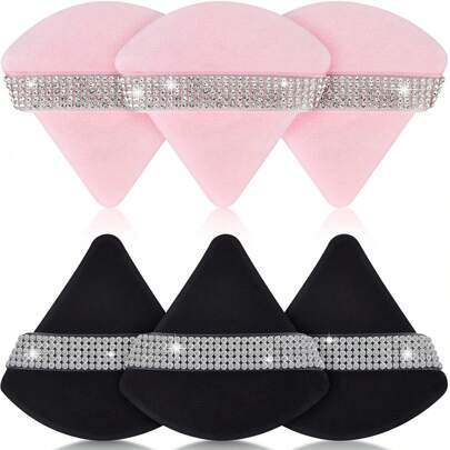 6 件装化妆海绵粉扑，柔软三角造型，钻石装饰，天鹅绒材质，适用于散粉、矿物粉、身体粉，干湿两用，可用于眼部定妆（蜜桃粉/黑色/玫瑰粉/白色/紫色），化妆品，价格实惠，房间装饰，梳妆台，旅行，卧室，化妆配件，粉扑，美妆蛋，粉扑，化妆海绵，价格实惠，圣诞礼物，化妆品，化妆工具，便宜好物，礼物，女士礼物，圣诞礼物，赠品，旅行，便宜好物，旅行必备