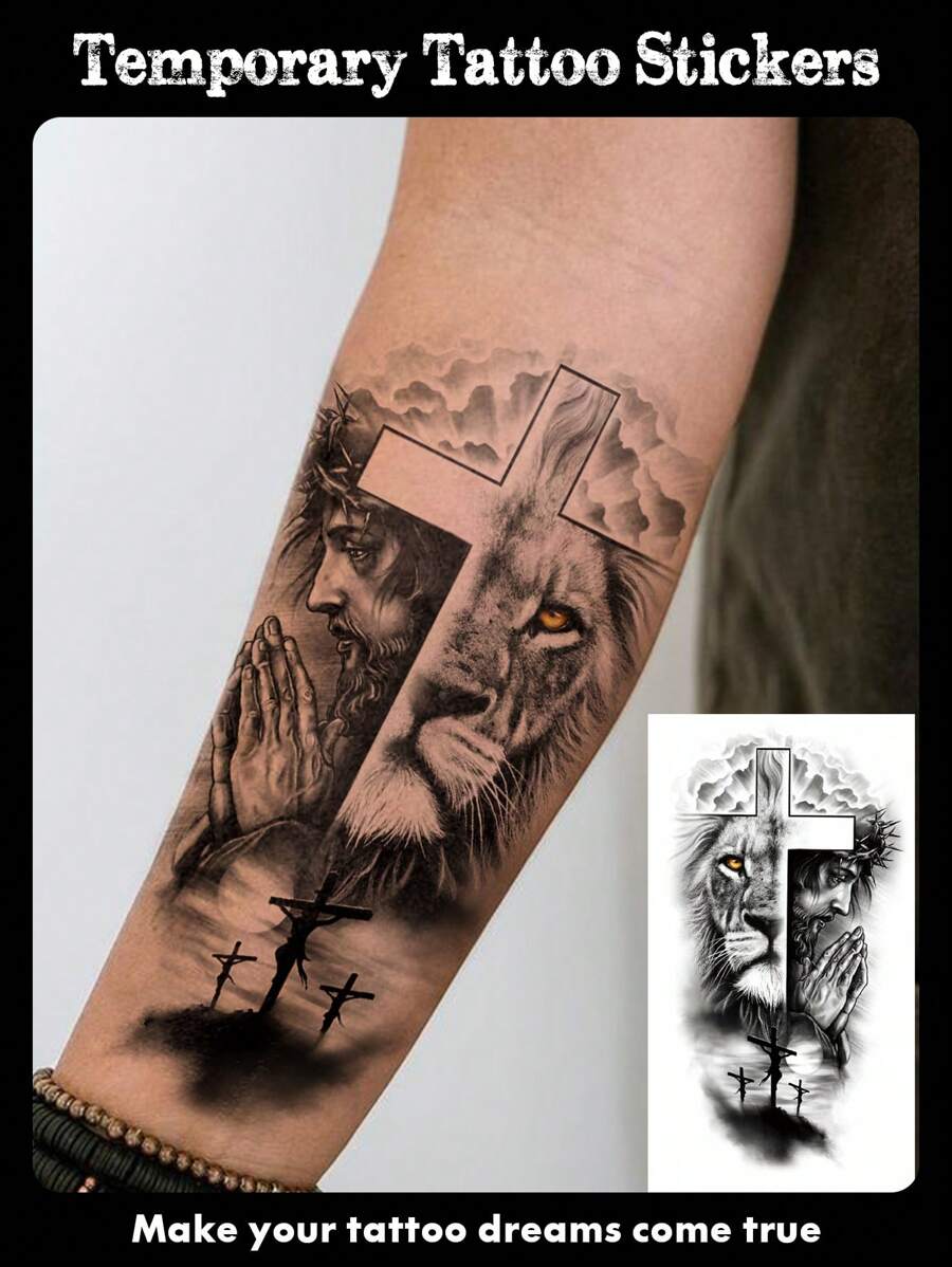 1張大尺寸身體藝術臨時紋身貼紙,男士適用,黑色寫實風格森林獅子動物圖案,防水假紋身,可維持2-5天,可遮蓋疤痕,可用於手臂、手腕、肩膀、腿部、腰部、頸部、手部、胸部、手指 - 黑色 - 查看 1