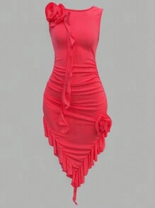 Vestido ceñido de moda para mujeres con dobladillo asimétrico, diseño elegante con flores 3D para mujer,sin mangas, con abertura, sin tirantes, vestido de tubo de malla, sexy, para fiesta, club - Rosa - Ver 1
