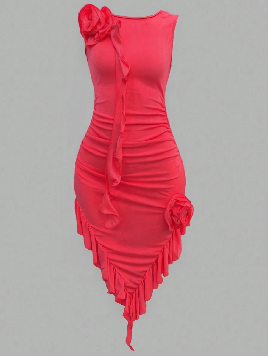 Vestido ceñido de moda para mujeres con dobladillo asimétrico, diseño elegante con flores 3D para mujer,sin mangas, con abertura, sin tirantes, vestido de tubo de malla, sexy, para fiesta, club - Rosa - Ver 1