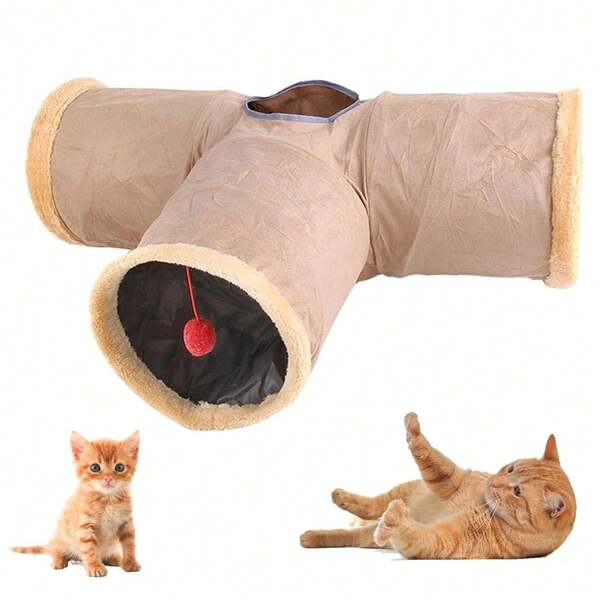 Foldable Cat Lover And Cat Mom Love Tunnel Toy, Plush Cat Lover And Cat Mom Love Tunnel With Hanging Balls, Interactive Cat/Dog Lover Gift And Dog/Cat Mom Love Pet Tunnel For Cat Lover And Cat Mom Loves, Dog Lover And Dog Mom Loves And Rabbits, Beige Color