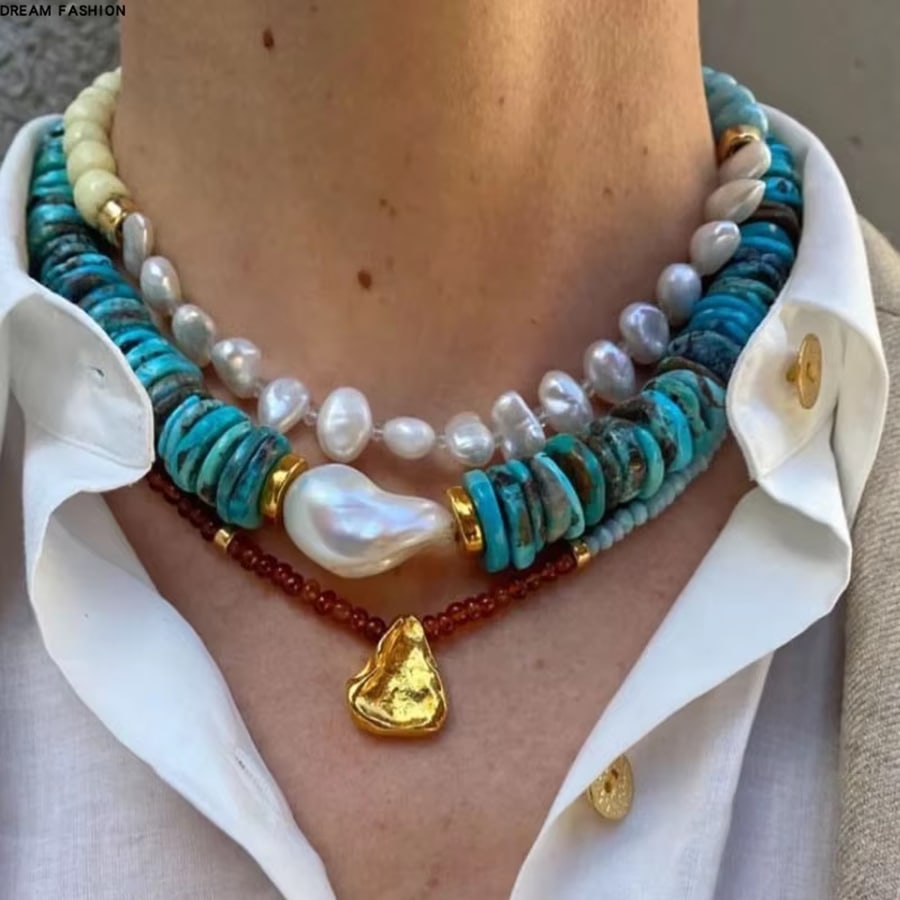 manbara Dây lụa Jacqueline thủ công Boho Retro sang trọng thắt nút ngọc lam lát Fireball vòng cổ ngọc trai trang sức cho phụ nữ Luna thắt nút tay Lapis đá quý tự nhiên san hô đỏ bất đối xứng đá vụn phụ kiện ngọc trai nước ngọt tự nhiên vòng cổ