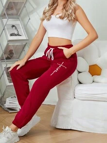 Ladies Casual Sports Autumn And Winter Warm And Fleece Sweatpants Letter Printed Fashion All-Match Fleece Sweatpants - Burgundy - View 6