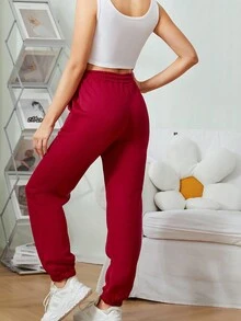 Ladies Casual Sports Autumn And Winter Warm And Fleece Sweatpants Letter Printed Fashion All-Match Fleece Sweatpants - Burgundy - View 2